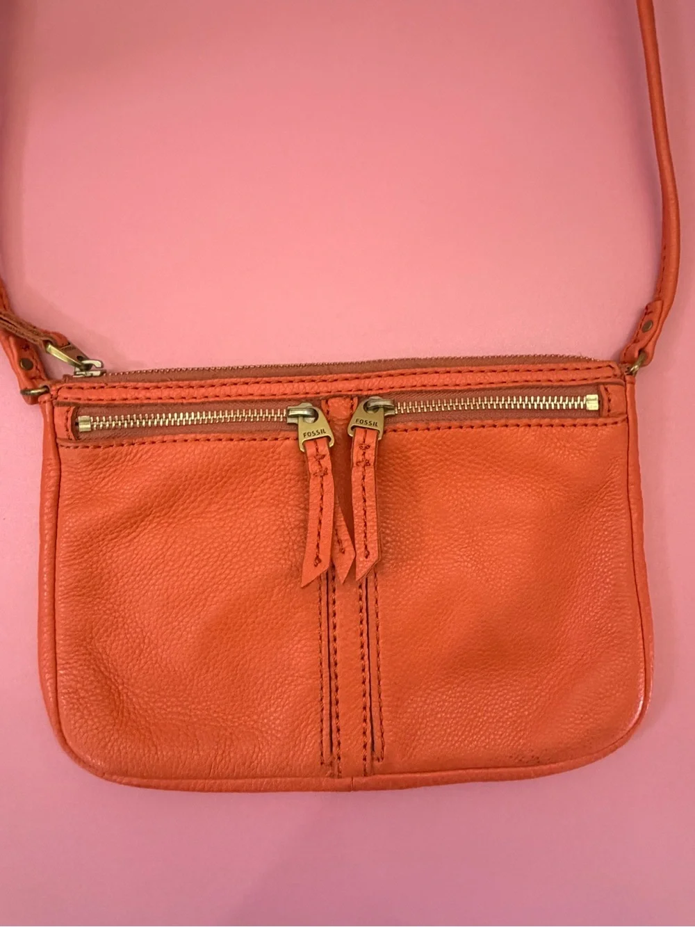 Fossil Orange Leather Zip Crossbody